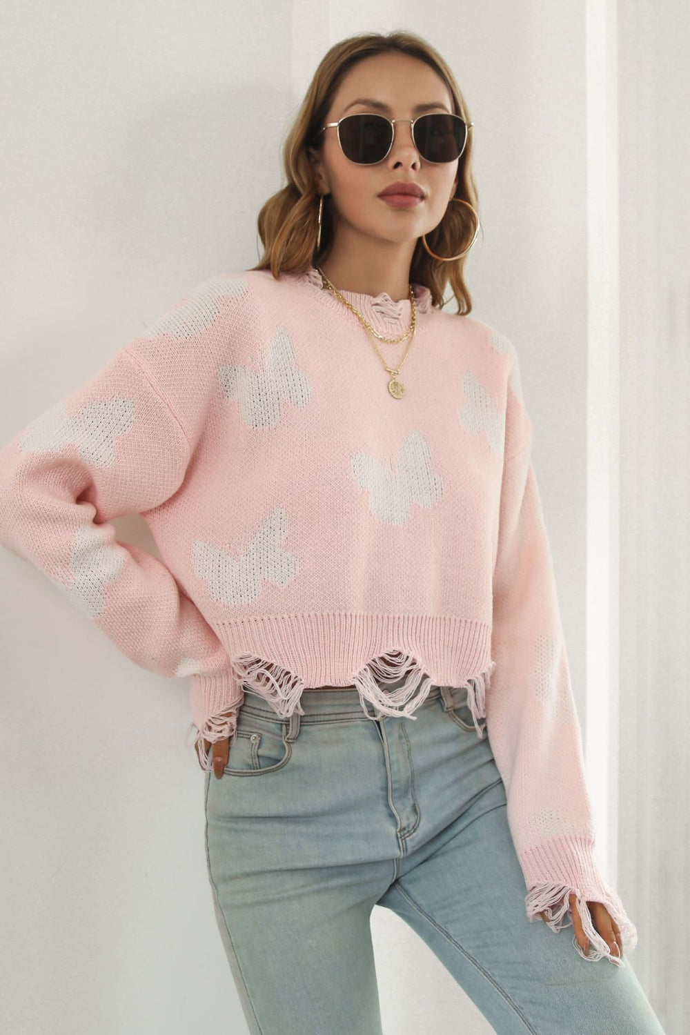 Printed Round Neck Ribbed Long Sleeve Sweater - AllIn Computer