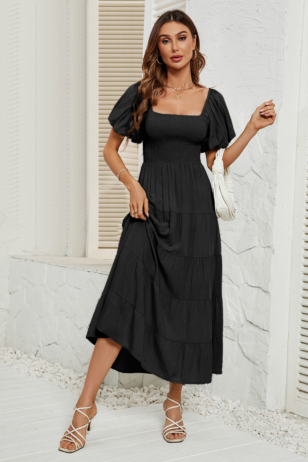 Smocked Square Neck Puff Sleeve Dress - AllIn Computer