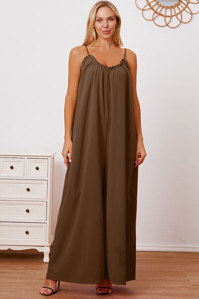 Full Size Ruffle Trim Tie Back Cami Jumpsuit with Pockets - AllIn Computer