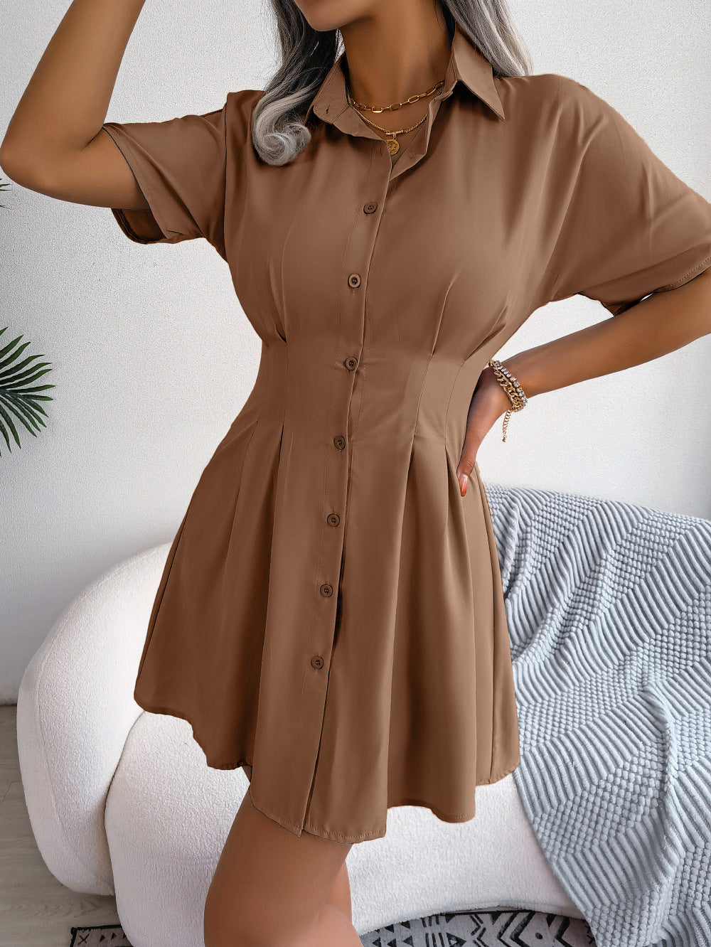 Button Down Collared Mini Dress - AllIn Computer