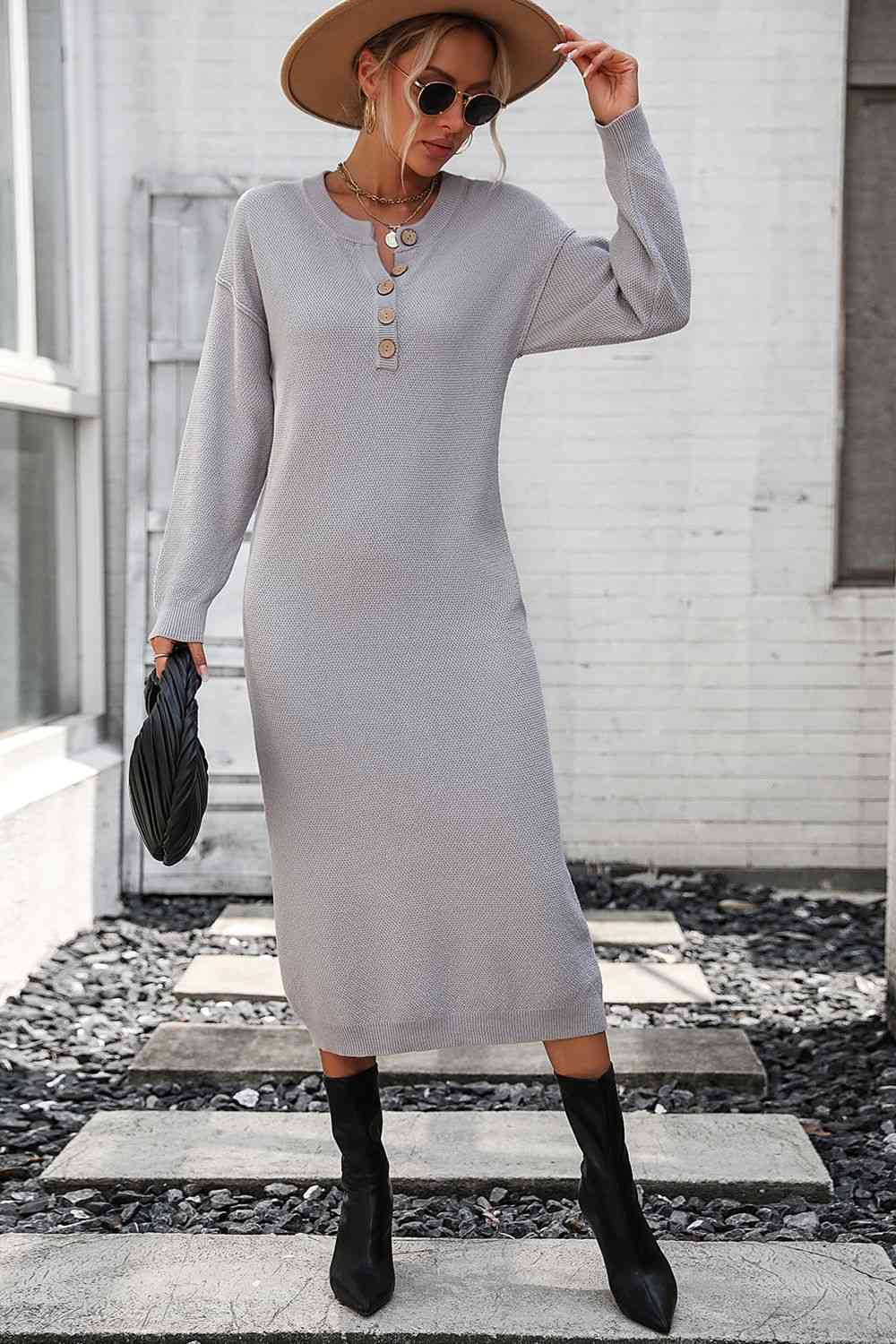 Notched Neck Dropped Shoulder Button-Down Midi Dress - AllIn Computer