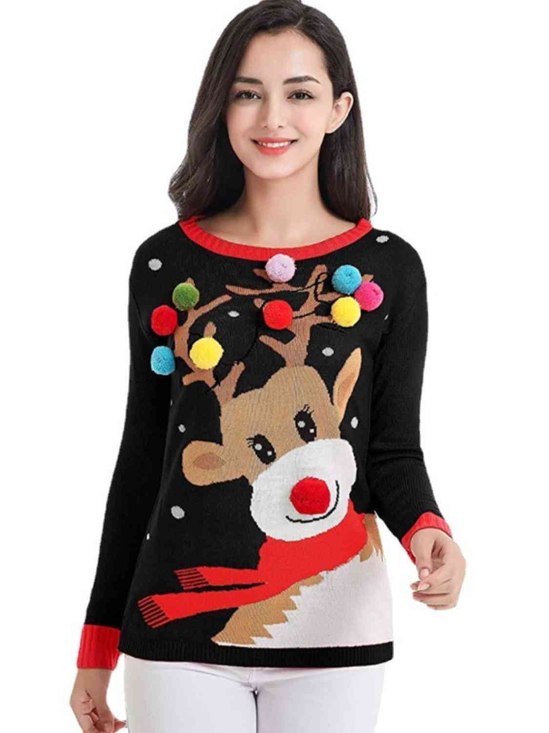 Rudolph Pom-Pom Trim Sweater - AllIn Computer