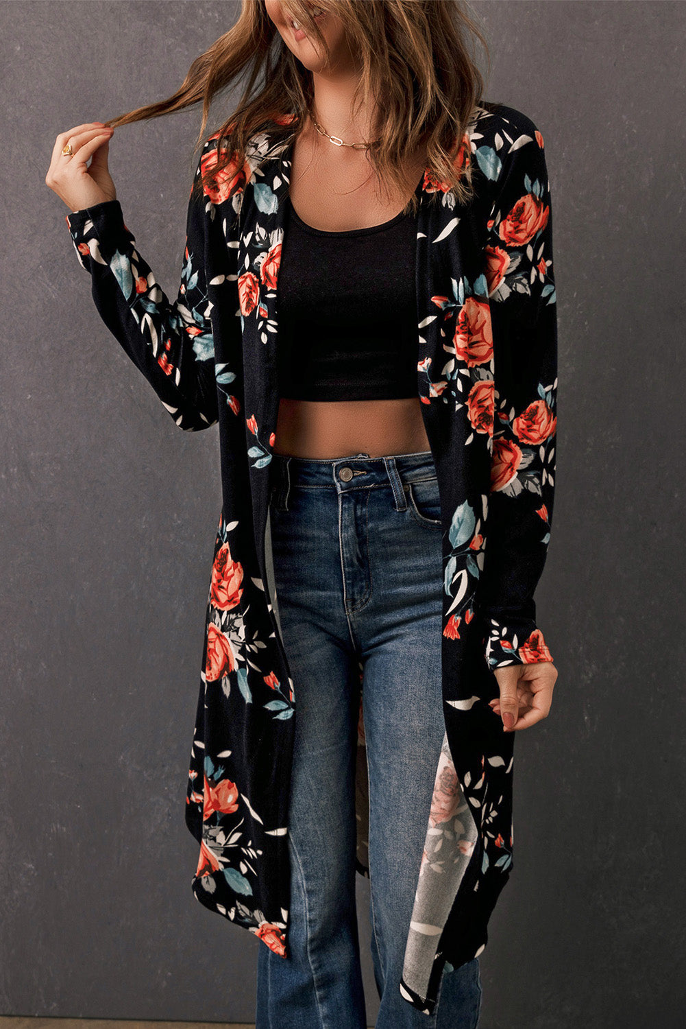 Double Take Printed Open Front Longline Cardigan | CLOTHING,SHOES & ACCESSORIES | cardigans, Double Take, outerwear, plus size, Ship From Overseas, women's outerwear | Trendsi