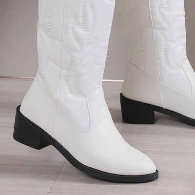 PU Leather Point Toe Block Heel Boots - AllIn Computer