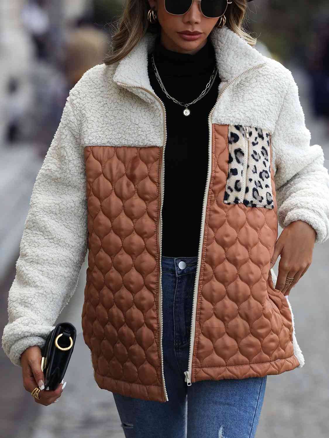 Leopard Color Block Zip-Up Jacket - AllIn Computer