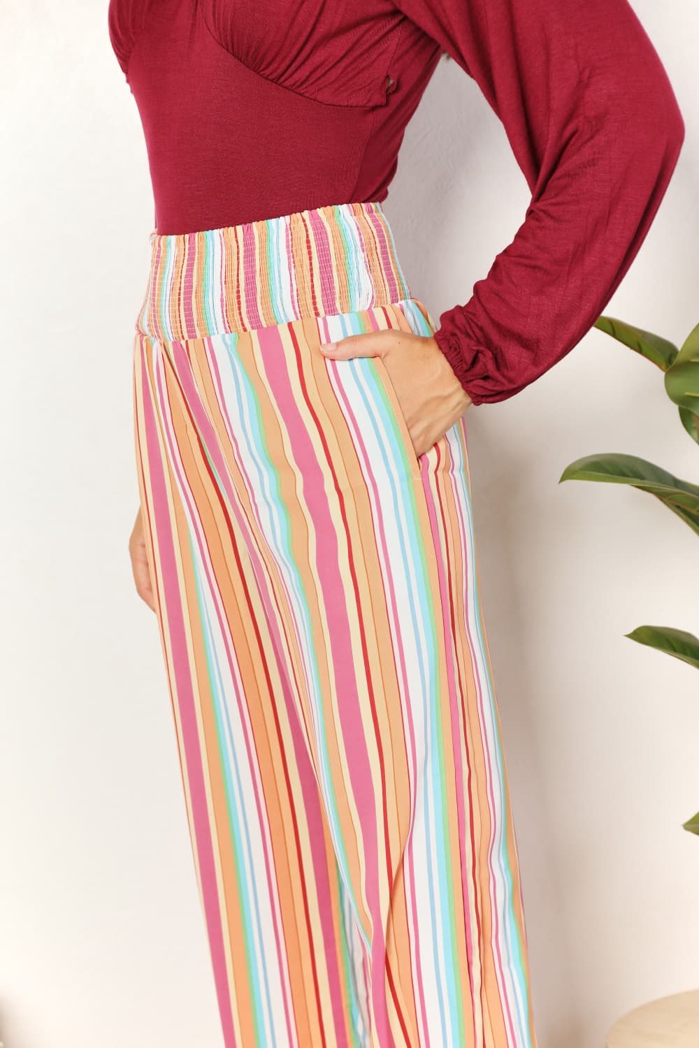 Double Take Striped Smocked Waist Pants with Pockets - AllIn Computer