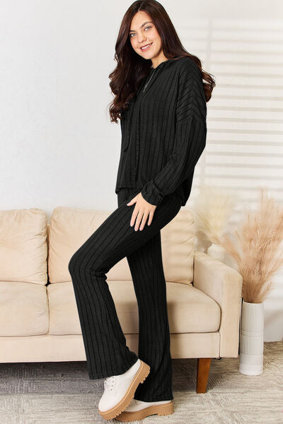 Basic Bae Full Size Ribbed Drawstring Hood Top and Straight Pants Set - AllIn Computer