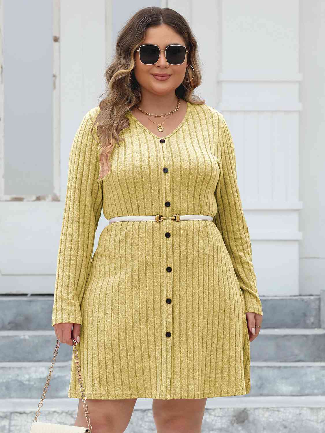 Plus Size Ribbed Buttoned V-Neck Long Sleeve Dress - AllIn Computer