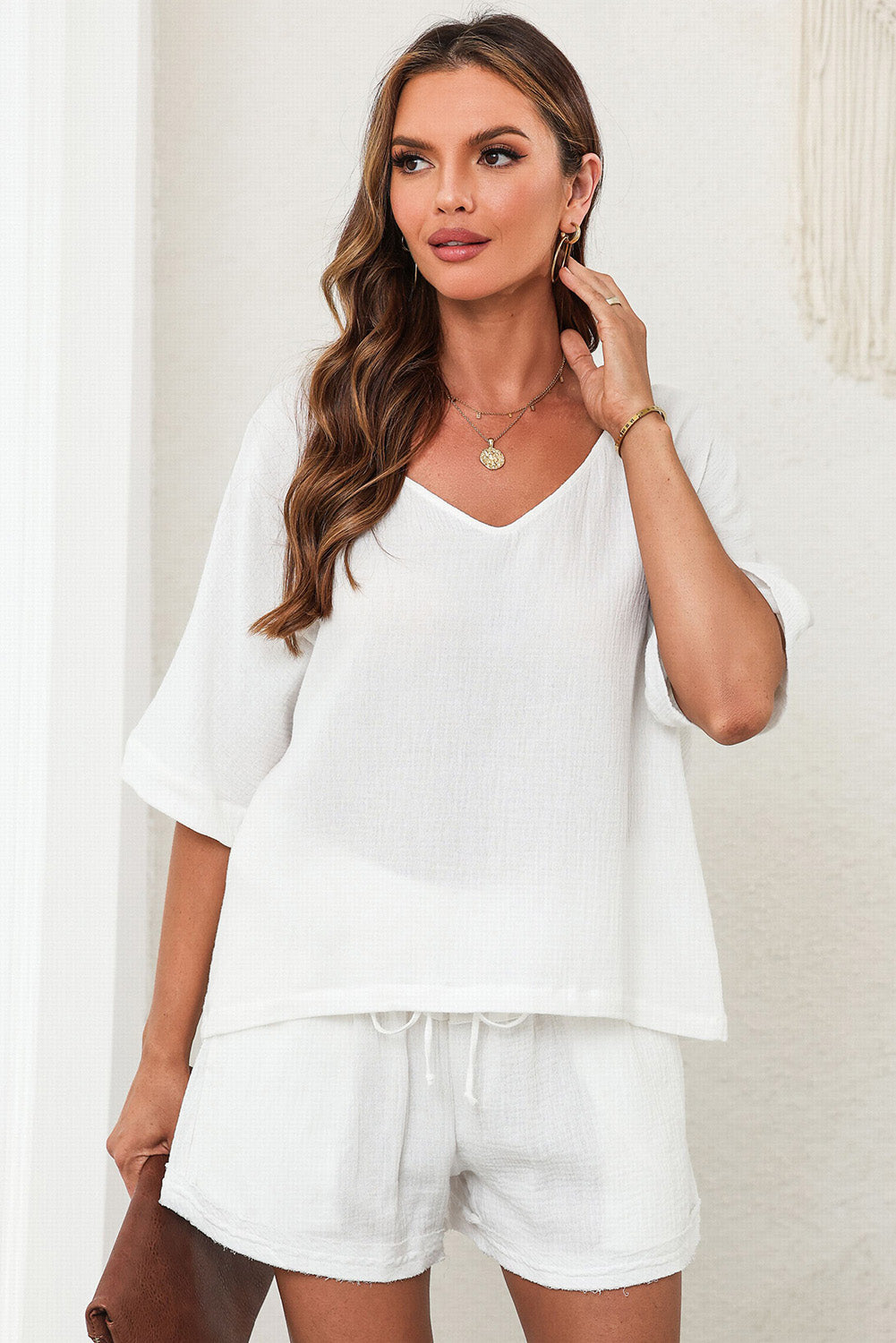 V-Neck Half Sleeve Top and Shorts Set - AllIn Computer