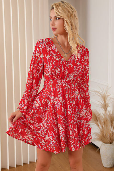 Printed Surplice Balloon Sleeve Layered Dress - AllIn Computer