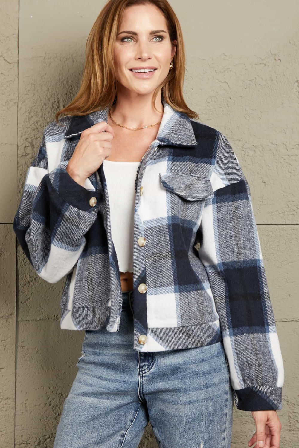 Double Take Plaid Button Front Dropped Shoulder Collared Jacket - AllIn Computer