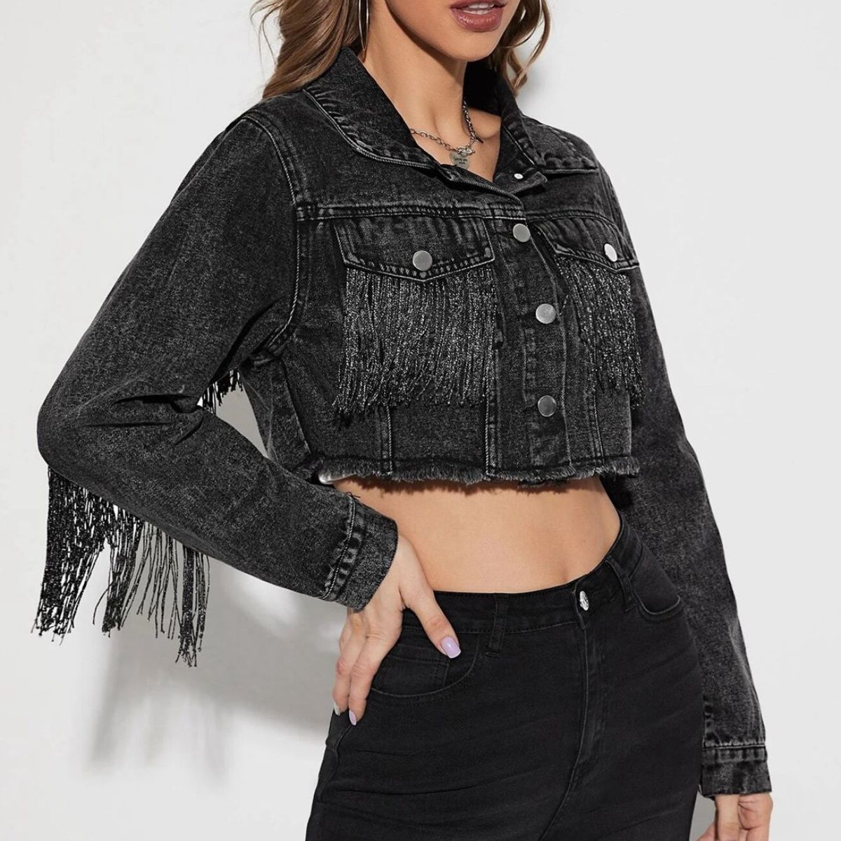 Fringe Detail Long Sleeve Cropped Denim Jacket - AllIn Computer