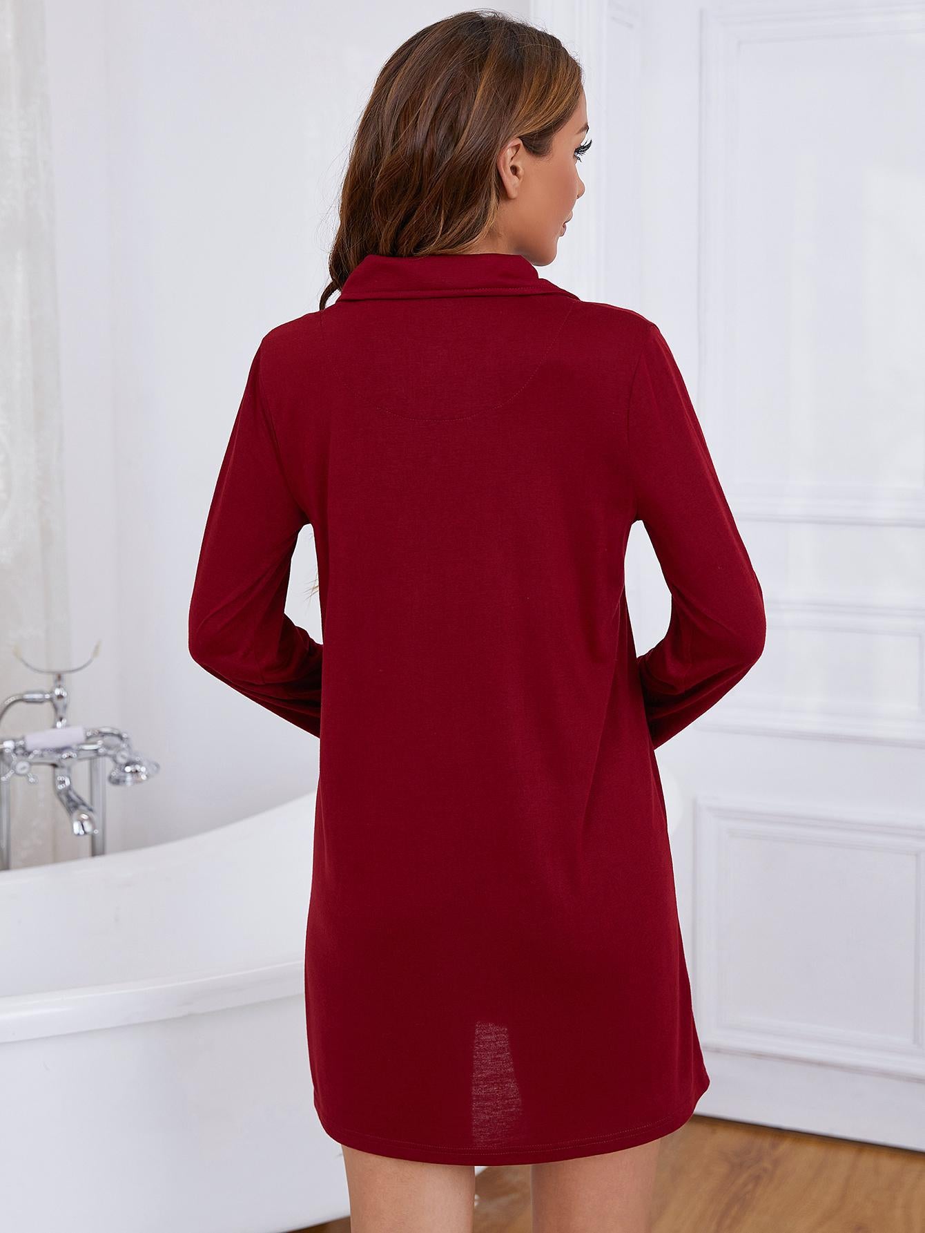 Heart Graphic Lapel Collar Long Sleeve Night Dress - AllIn Computer