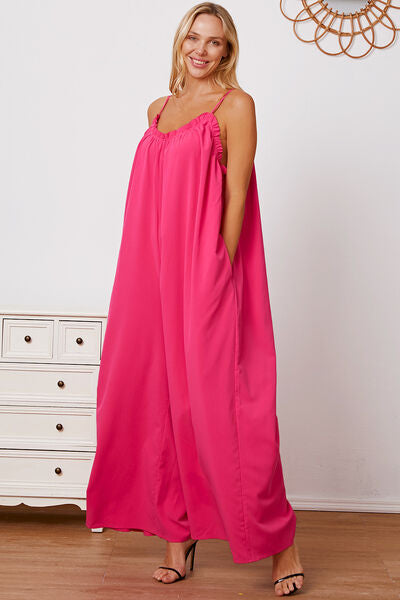 Full Size Ruffle Trim Tie Back Cami Jumpsuit with Pockets - AllIn Computer