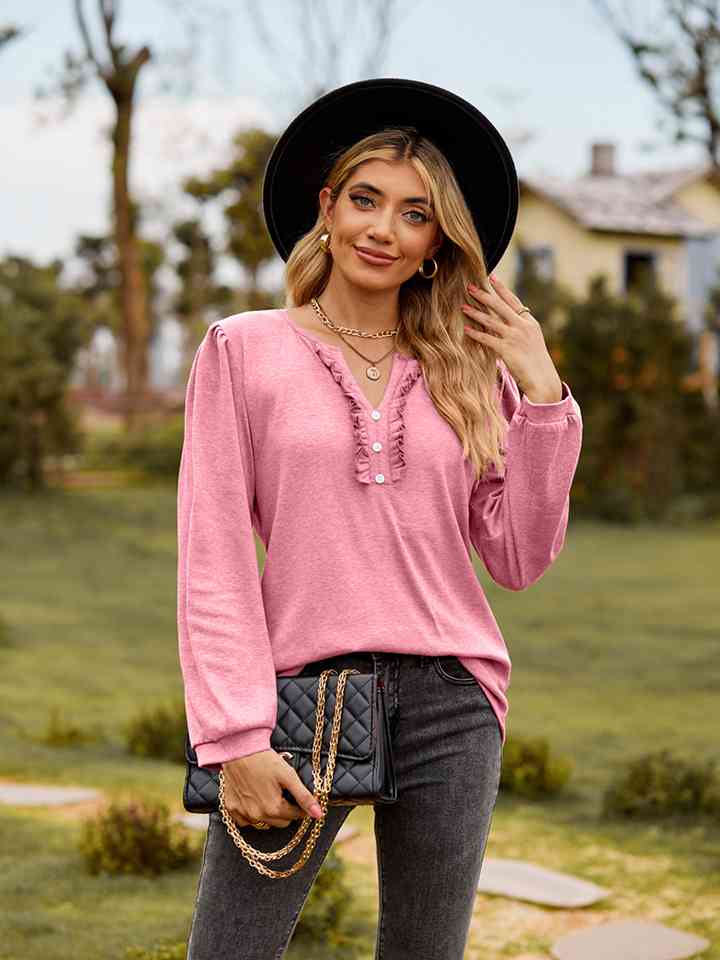 Puff Sleeve Ruffle Trim Blouse - AllIn Computer