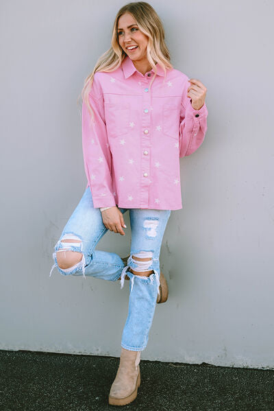 Star Pattern Button Up Slit Denim Jacket - AllIn Computer