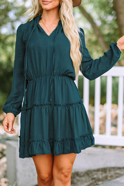 Frill Tie Neck Balloon Sleeve Dress - AllIn Computer