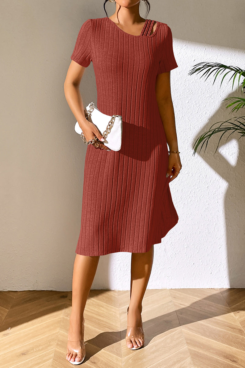 Ribbed Asymmetrical Neck Short Sleeve Dress - AllIn Computer