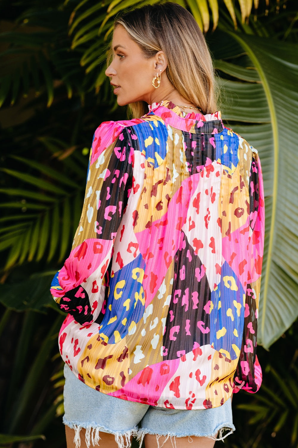 Printed Notched Long Sleeve Blouse - AllIn Computer