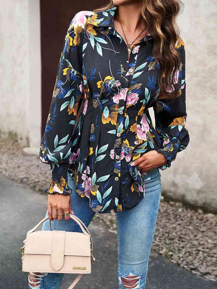 Printed Button-Up Lantern Sleeve Shirt - AllIn Computer