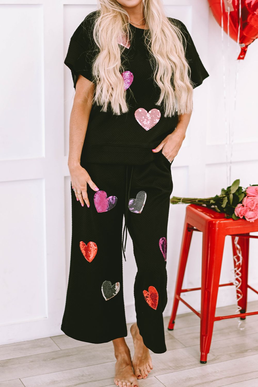 Heart Sequin Short Sleeve Top and Drawstring Pants Lounge Set - AllIn Computer