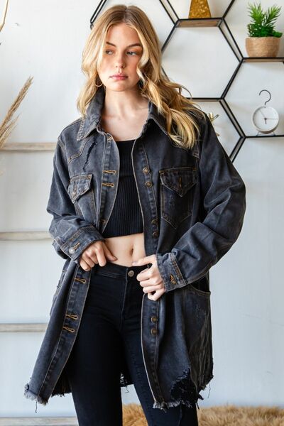 Veveret Button Up Distressed Frayed Hem Denim Jacket - AllIn Computer
