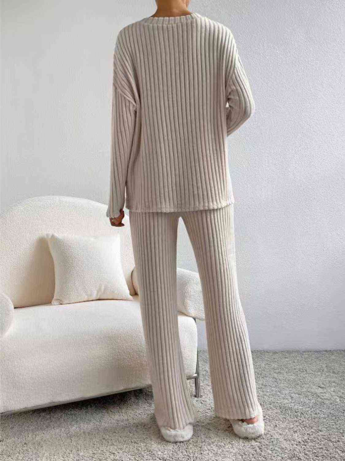 Ribbed V-Neck Long Sleeve Top and Pants Set - AllIn Computer