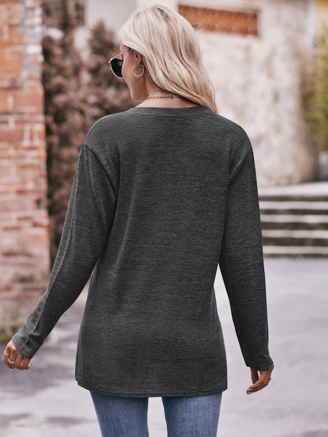 Double Take Buttoned Notched Neck Long Sleeve Top - AllIn Computer