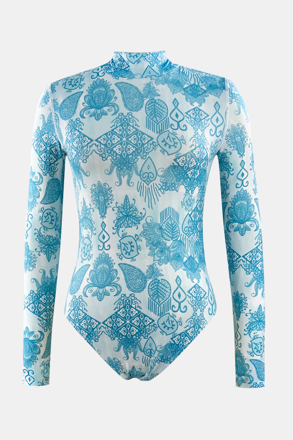 Printed Mock Neck Long Sleeve One-Piece Swimwear - AllIn Computer