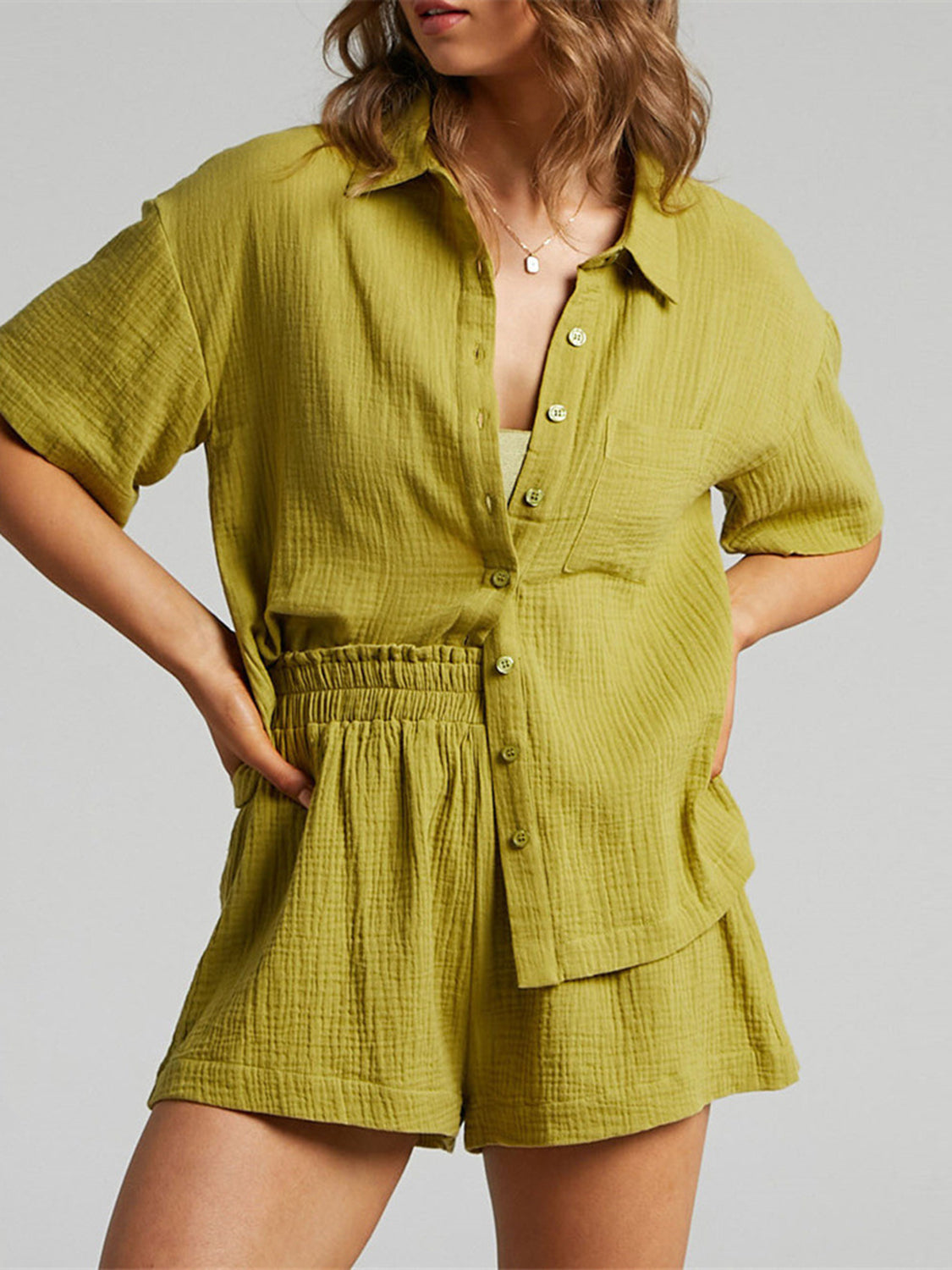 Texture Button Up Shirt and Shorts Set - AllIn Computer