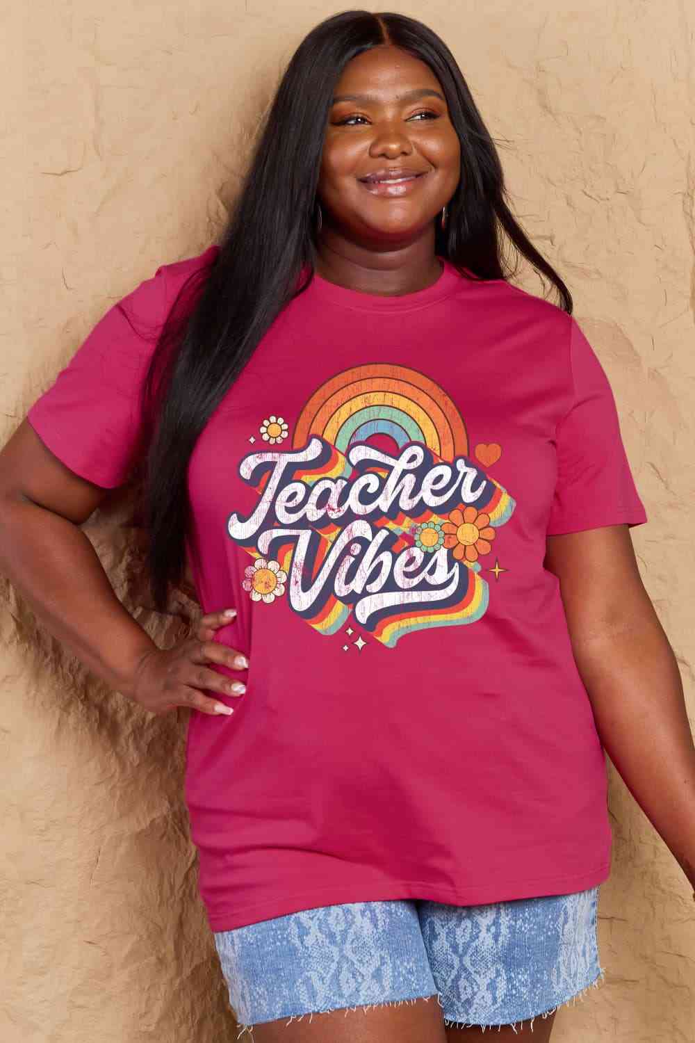 Simply Love Full Size TEACHER VIBES Graphic Cotton T-Shirt - AllIn Computer