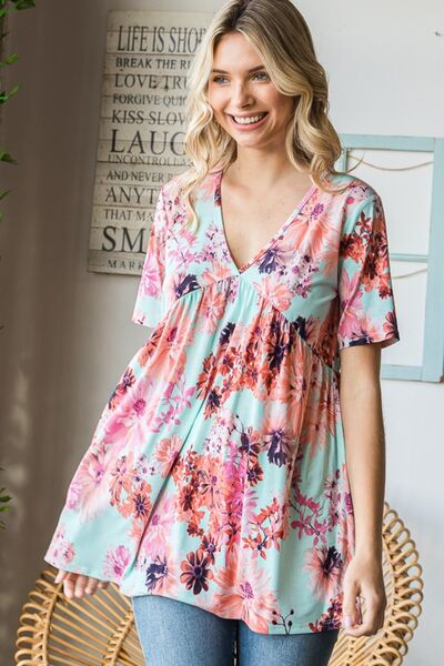 Heimish Full Size Floral V-Neck Short Sleeve Babydoll Blouse - AllIn Computer