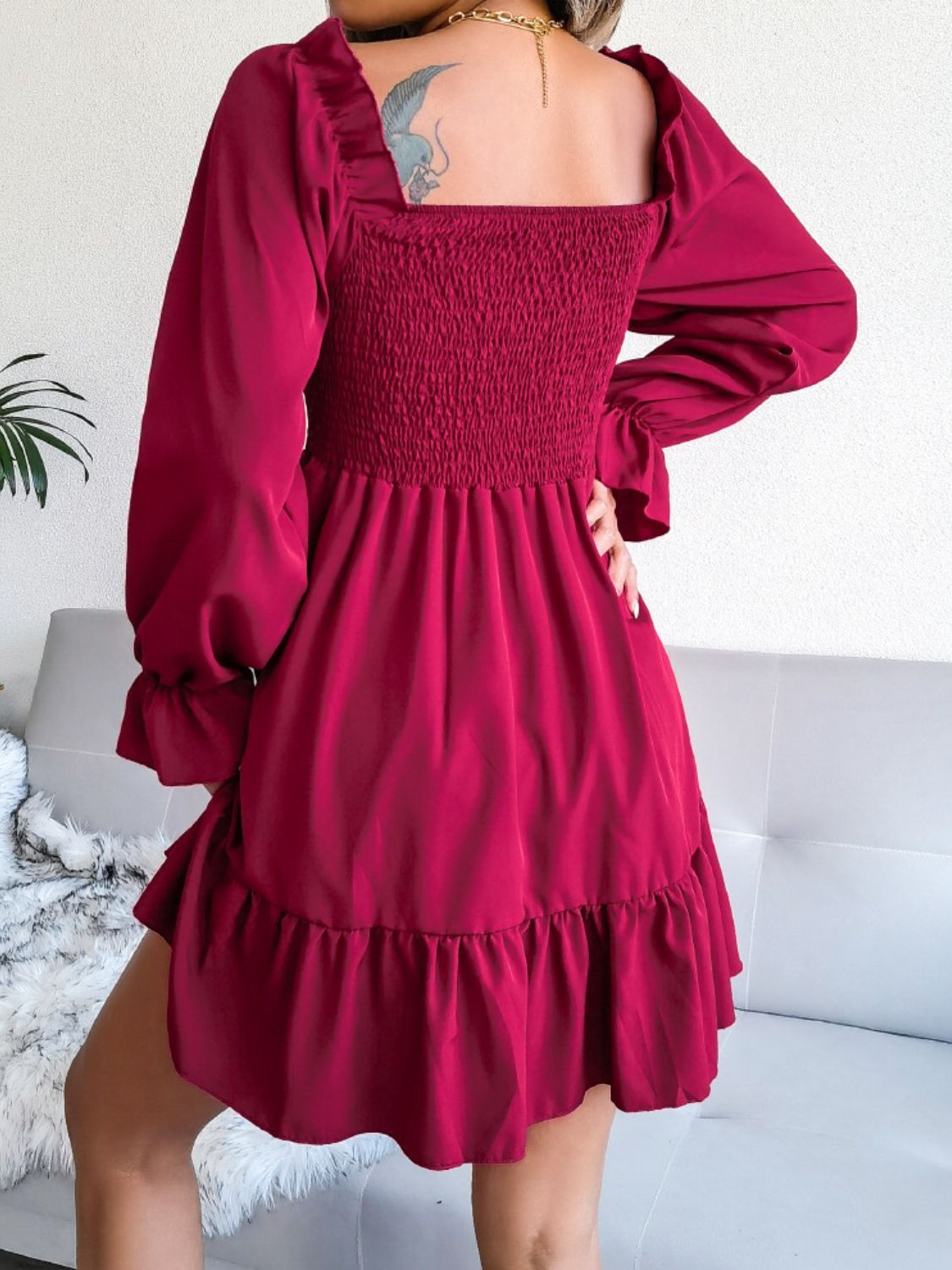 Smocked Flounce Sleeve Square Neck Dress - AllIn Computer