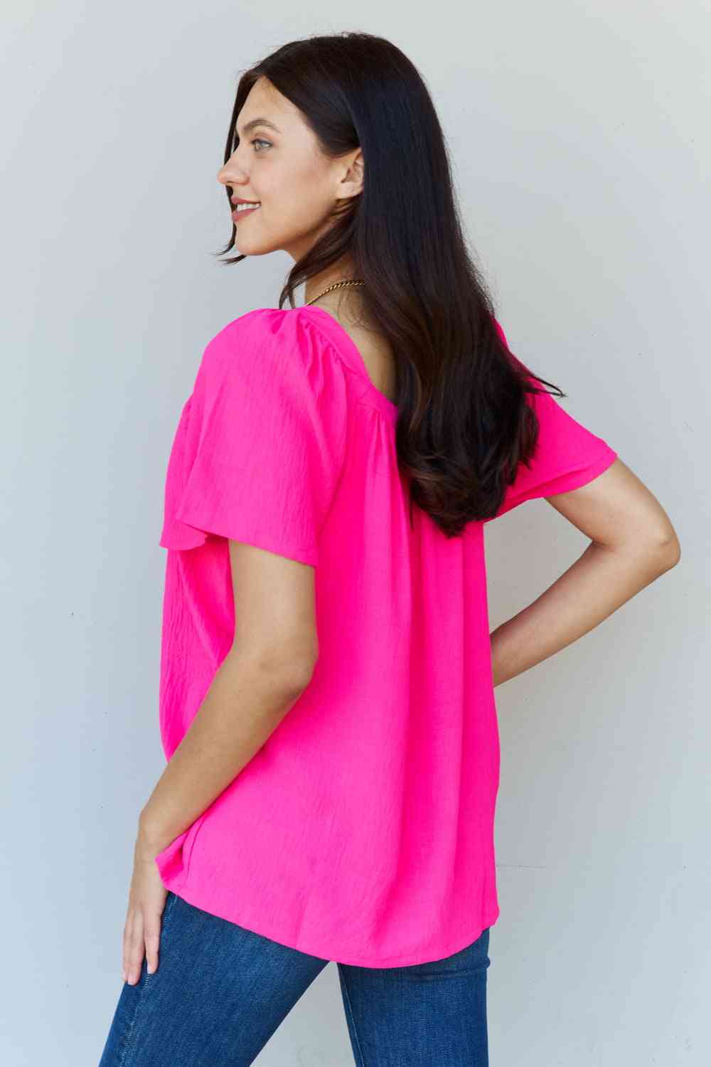 Ninexis Keep Me Close Square Neck Short Sleeve Blouse in Fuchsia - AllIn Computer