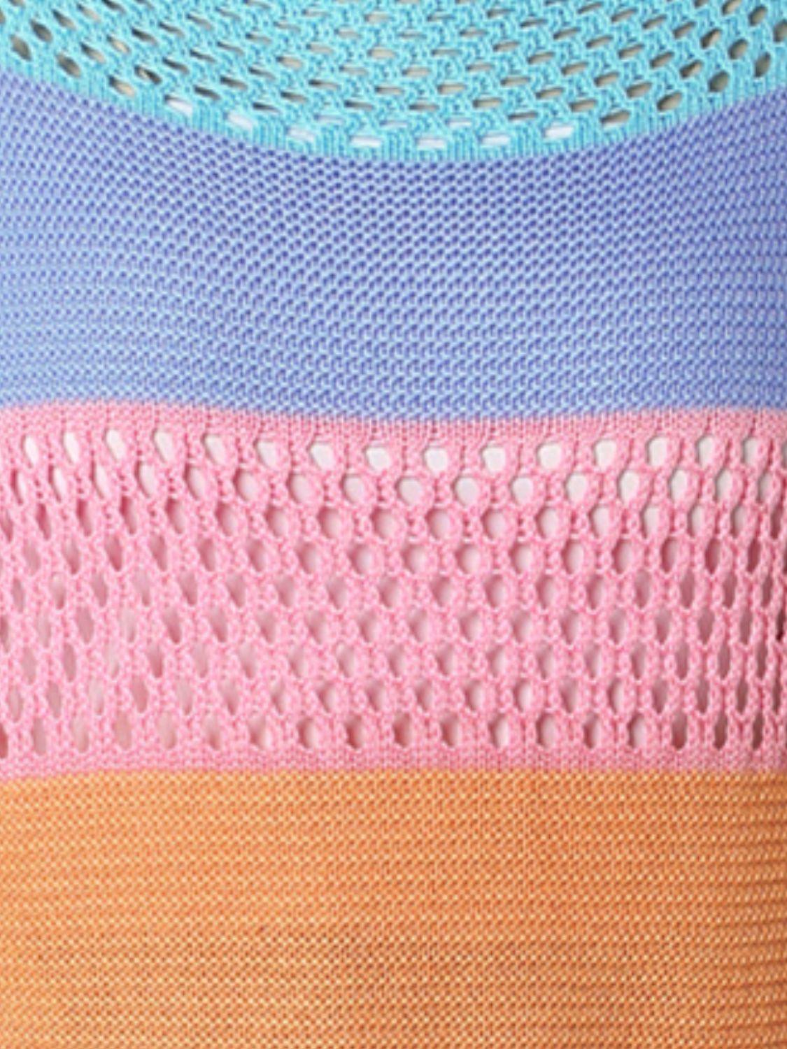 Color Block Openwork Round Neck Pullover Sweater - AllIn Computer