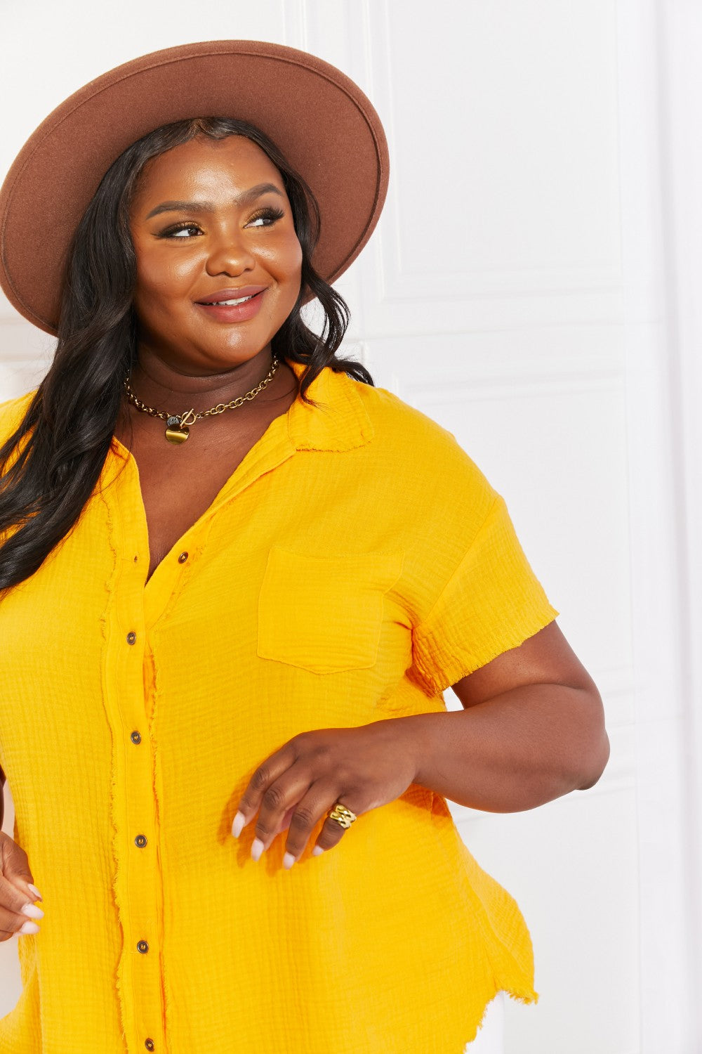 Zenana Full Size Summer Breeze Gauze Short Sleeve Shirt in Mustard - AllIn Computer
