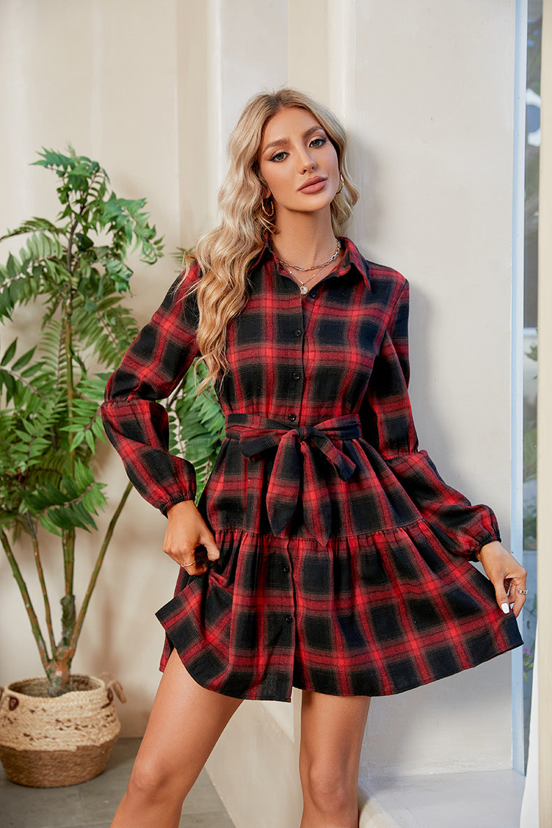 Plaid Print Tie Waist Collared Neck Shirt Dress - AllIn Computer