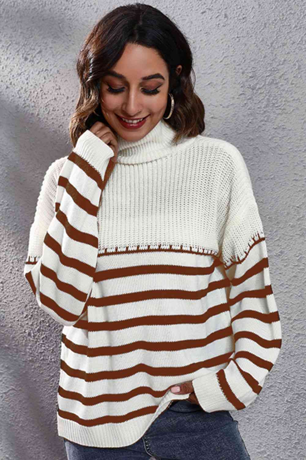 Striped Turtleneck Drop Shoulder Sweater - AllIn Computer