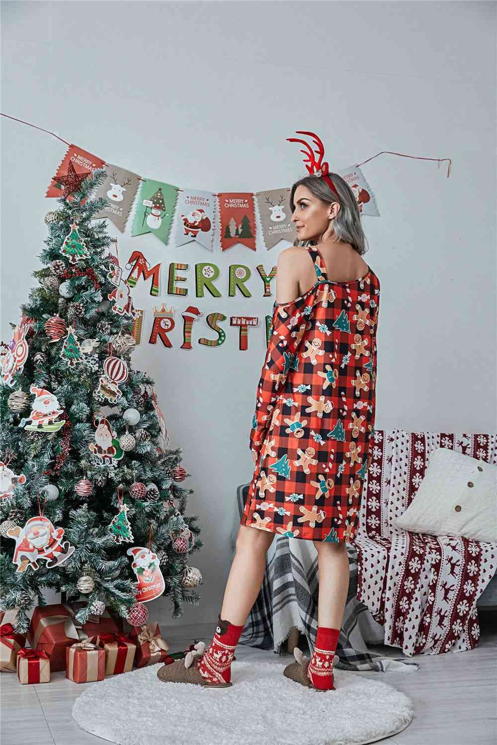 Christmas Asymmetrical Neck Long Sleeve Dress - AllIn Computer