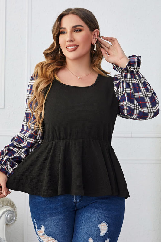 Melo Apparel Plus Size Plaid Print Square Neck Ruched Blouse - AllIn Computer