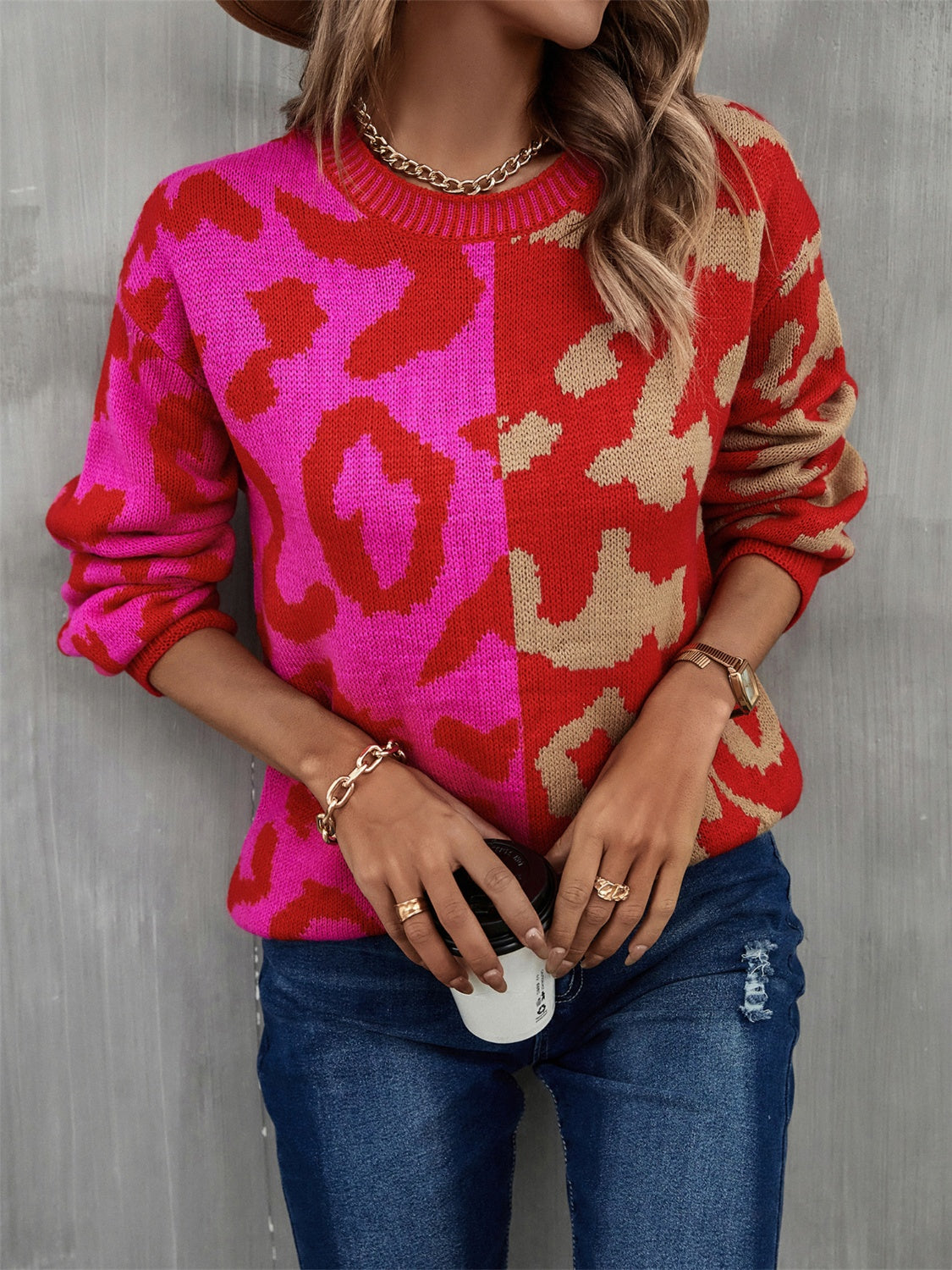 Leopard Round Neck Long Sleeve Sweater - AllIn Computer