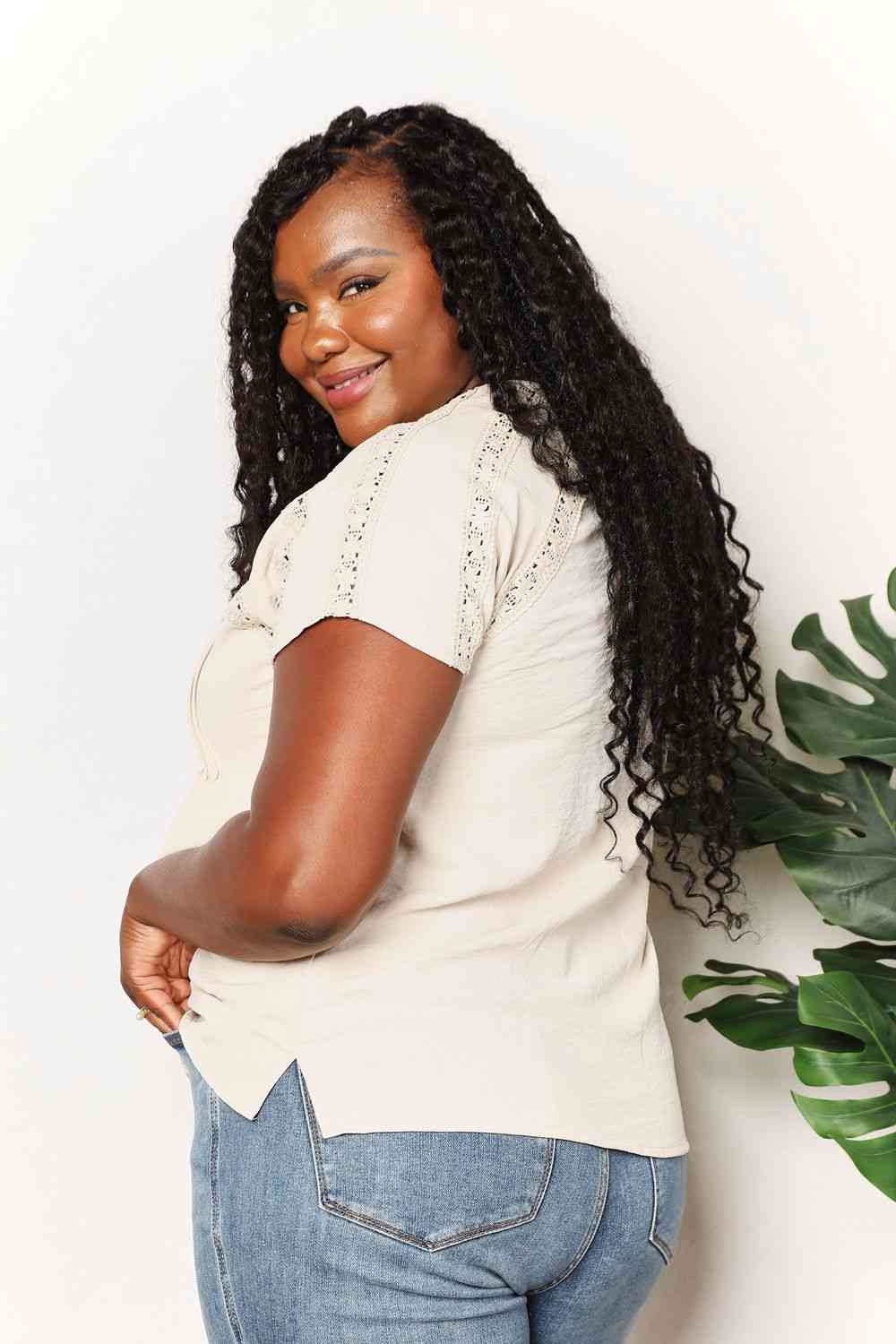 Double Take Crochet Buttoned Short Sleeves Top - AllIn Computer