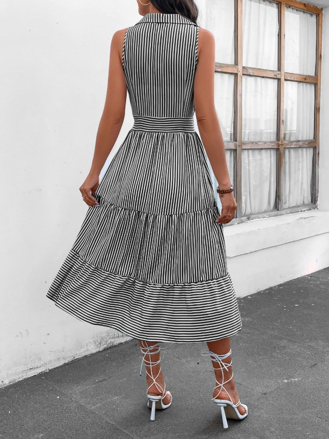 Striped Johnny Collar Sleeveless Midi Dress - AllIn Computer