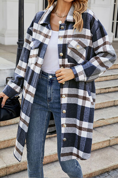 Plaid Button Up Collared Neck Coat with Pockets - AllIn Computer
