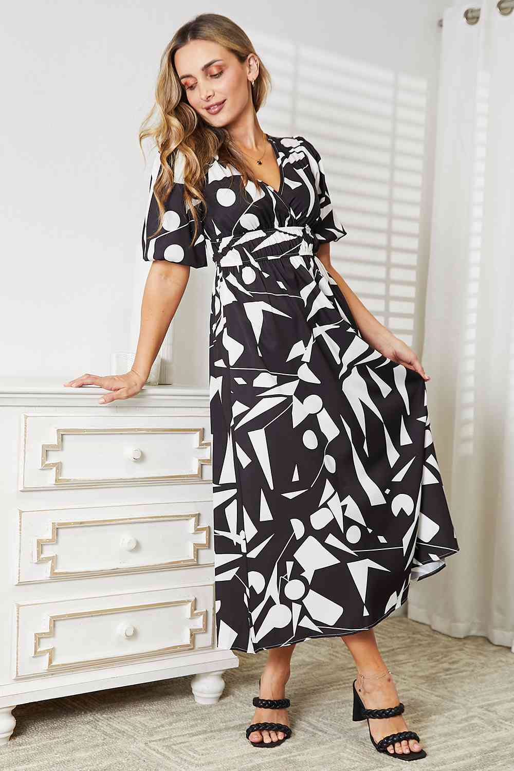 Double Take Printed Surplice Balloon Sleeve Dress - AllIn Computer
