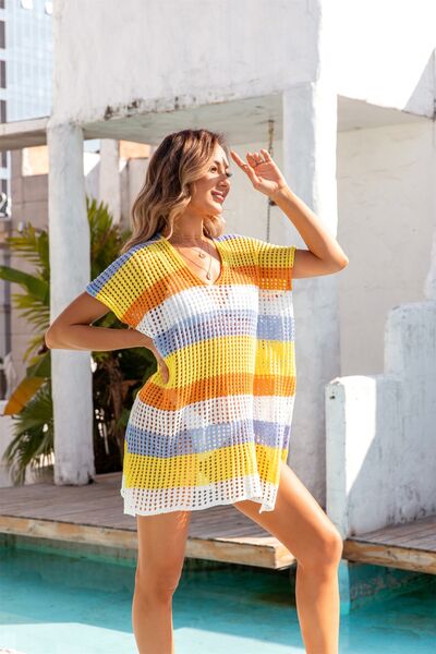 Openwork Striped V-Neck Short Sleeve Cover Up - AllIn Computer