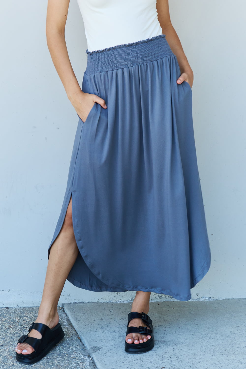 Doublju Comfort Princess Full Size High Waist Scoop Hem Maxi Skirt in Dusty Blue - AllIn Computer