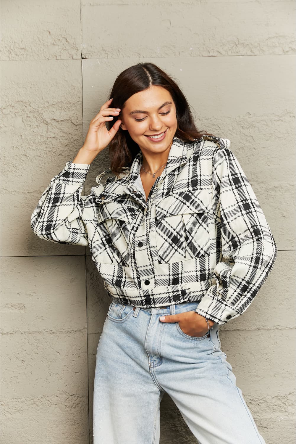 Plaid Collared Neck Long Sleeve Jacket - AllIn Computer