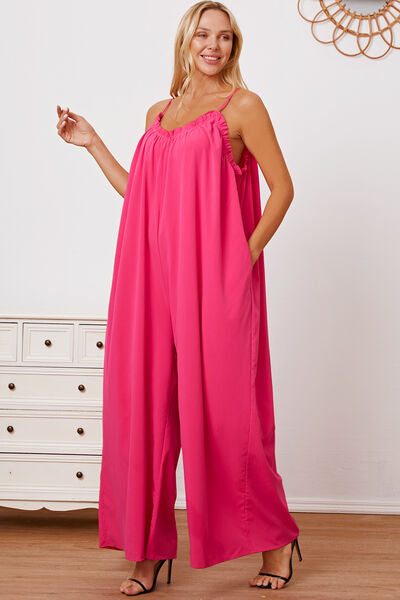 Full Size Ruffle Trim Tie Back Cami Jumpsuit with Pockets - AllIn Computer