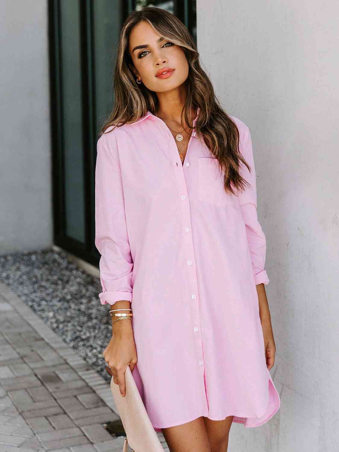 Button Up Collared Neck Long Sleeve Shirt Dress - AllIn Computer